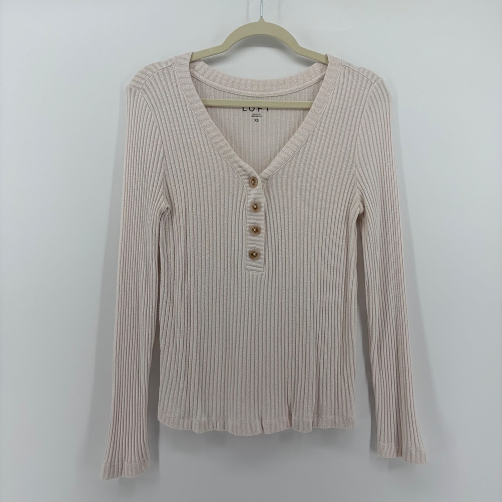 LOFT Ribbed Henley V Neck Long Sleeve Shirt Women's XS Off White Button Up